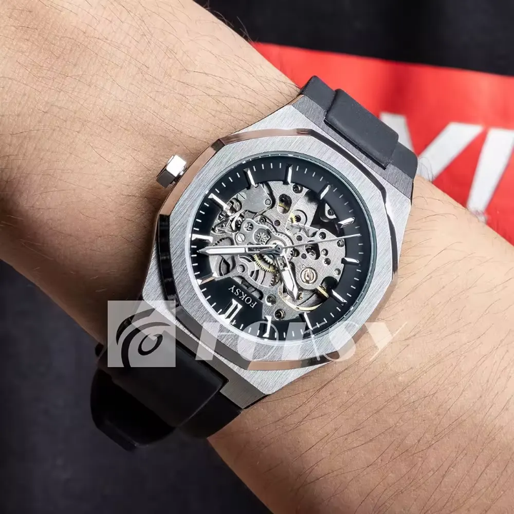 Luxury men's automatic watch with custom logo, made from durable stainless steel and silicone, featuring a 41mm dial diameter, 3ATM water resistance, and compliance with FCC, CE, and RoHS certificates ensuring safety standards and market access.