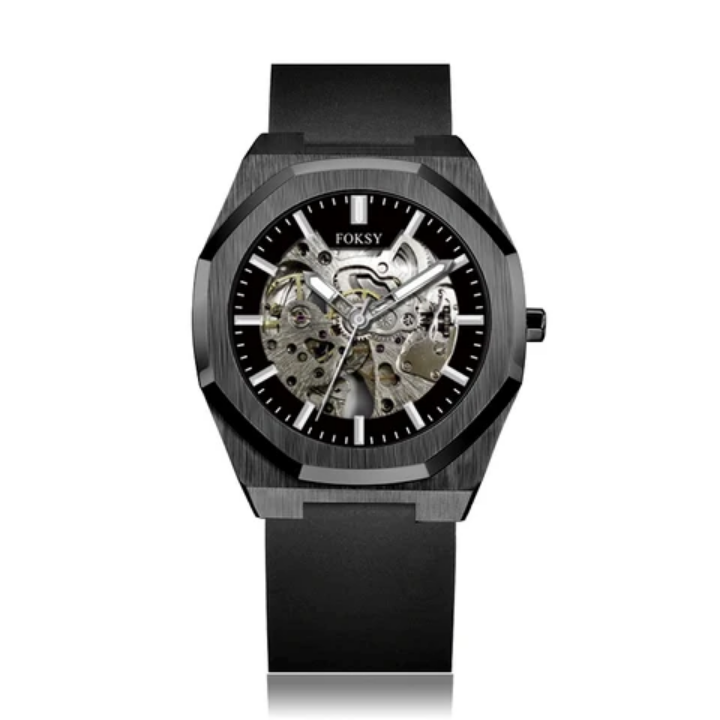 Luxury men's automatic watch with custom logo, made from durable stainless steel and silicone, featuring a 41mm dial diameter, 3ATM water resistance, and compliance with FCC, CE, and RoHS certificates ensuring safety standards and market access.
