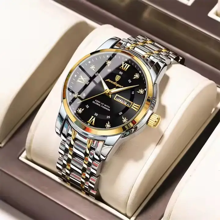 This POEDAGAR 936 men's quartz watch combines luxury and functionality with dual calendar week display, water resistance, and luminous hands. It features a stainless steel band, Hardlex dial window, and a 41mm alloy case, offering both style and durabilit