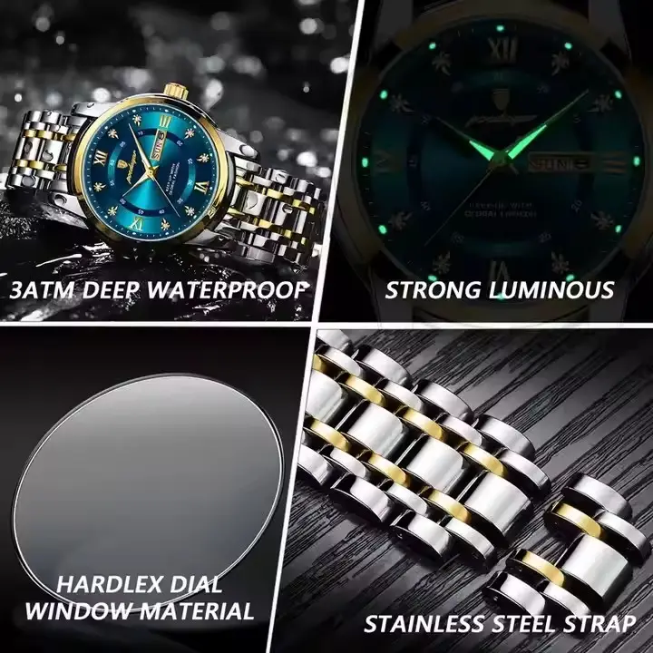 This POEDAGAR 936 men's quartz watch combines luxury and functionality with dual calendar week display, water resistance, and luminous hands. It features a stainless steel band, Hardlex dial window, and a 41mm alloy case, offering both style and durabilit