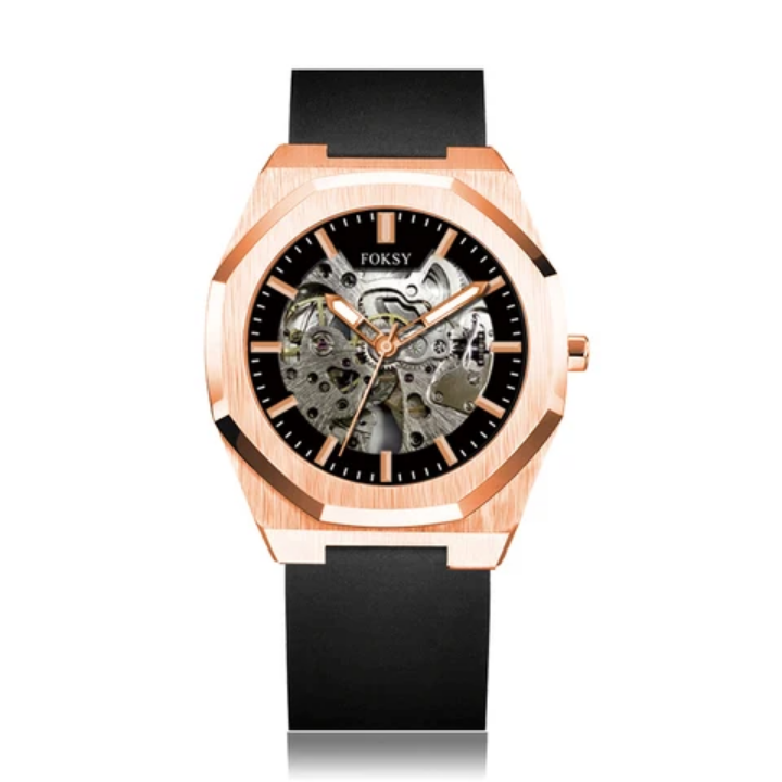 Luxury men's automatic watch with custom logo, made from durable stainless steel and silicone, featuring a 41mm dial diameter, 3ATM water resistance, and compliance with FCC, CE, and RoHS certificates ensuring safety standards and market access.