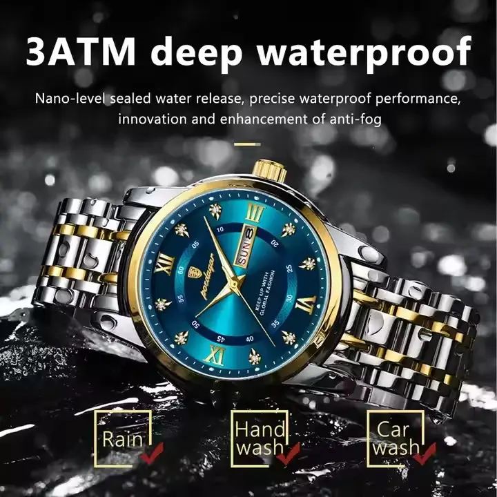 This POEDAGAR 936 men's quartz watch combines luxury and functionality with dual calendar week display, water resistance, and luminous hands. It features a stainless steel band, Hardlex dial window, and a 41mm alloy case, offering both style and durabilit