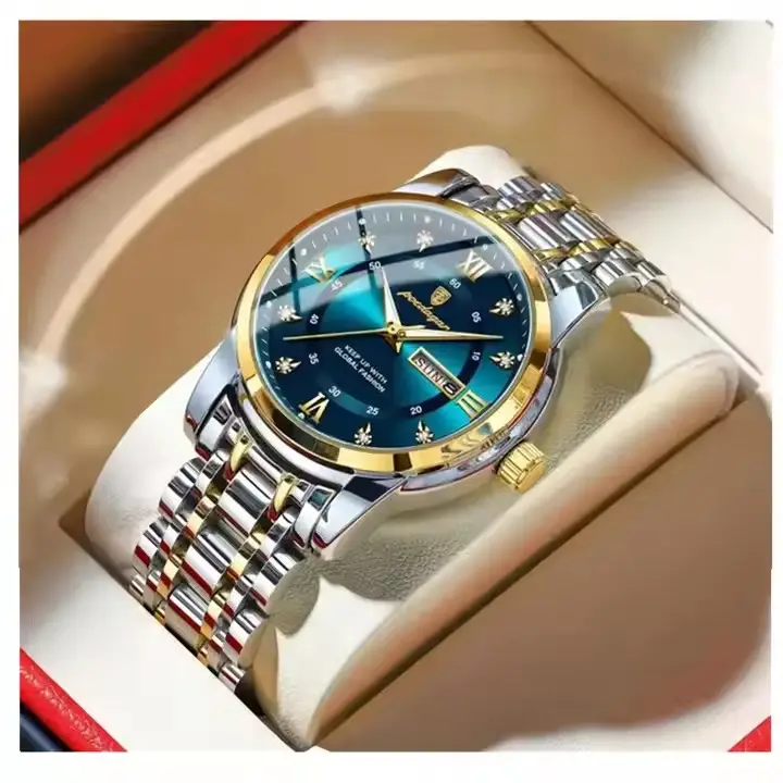 This POEDAGAR 936 men's quartz watch combines luxury and functionality with dual calendar week display, water resistance, and luminous hands. It features a stainless steel band, Hardlex dial window, and a 41mm alloy case, offering both style and durabilit