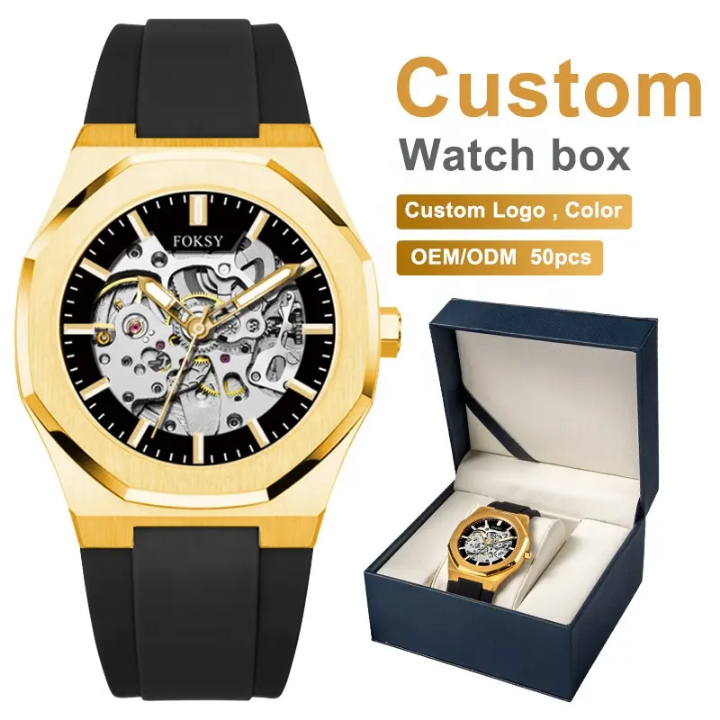 Luxury men's automatic watch with custom logo, made from durable stainless steel and silicone, featuring a 41mm dial diameter, 3ATM water resistance, and compliance with FCC, CE, and RoHS certificates ensuring safety standards and market access.