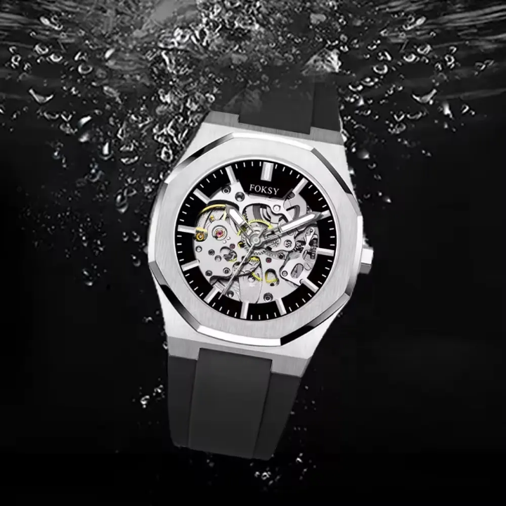 Luxury men's automatic watch with custom logo, made from durable stainless steel and silicone, featuring a 41mm dial diameter, 3ATM water resistance, and compliance with FCC, CE, and RoHS certificates ensuring safety standards and market access.