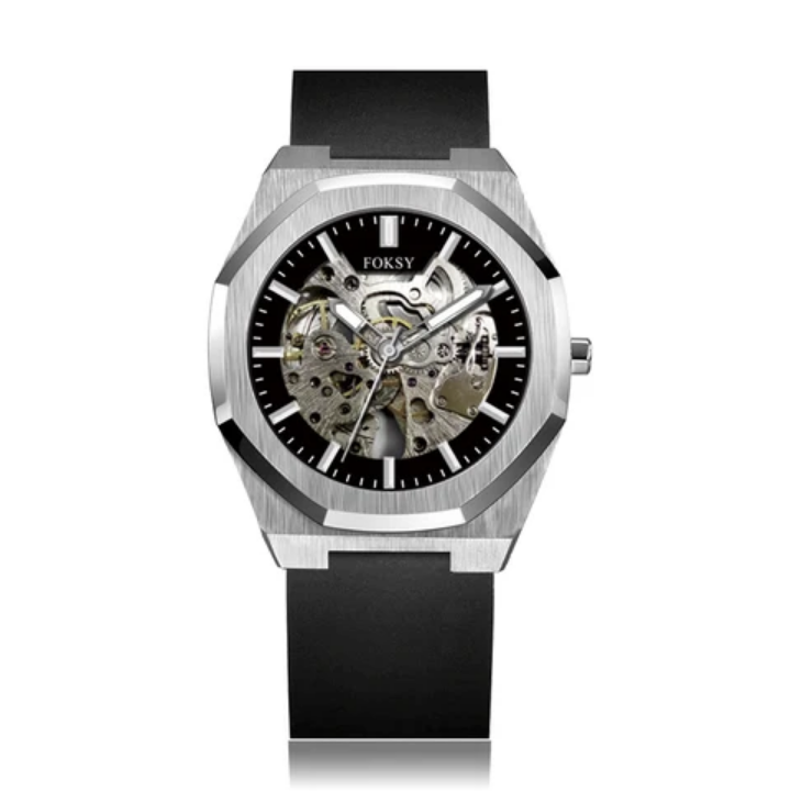 Luxury men's automatic watch with custom logo, made from durable stainless steel and silicone, featuring a 41mm dial diameter, 3ATM water resistance, and compliance with FCC, CE, and RoHS certificates ensuring safety standards and market access.