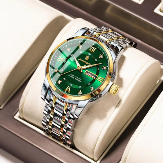 This POEDAGAR 936 men's quartz watch combines luxury and functionality with dual calendar week display, water resistance, and luminous hands. It features a stainless steel band, Hardlex dial window, and a 41mm alloy case, offering both style and durabilit